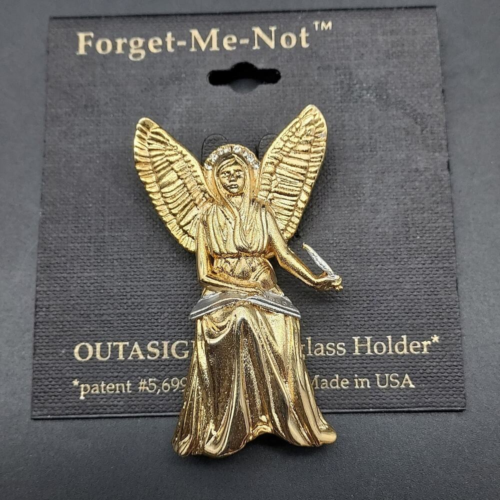 Gold Tone Angel Brooch Rhinestone Vintage Hidden Loop Eye Glass Holder NOS